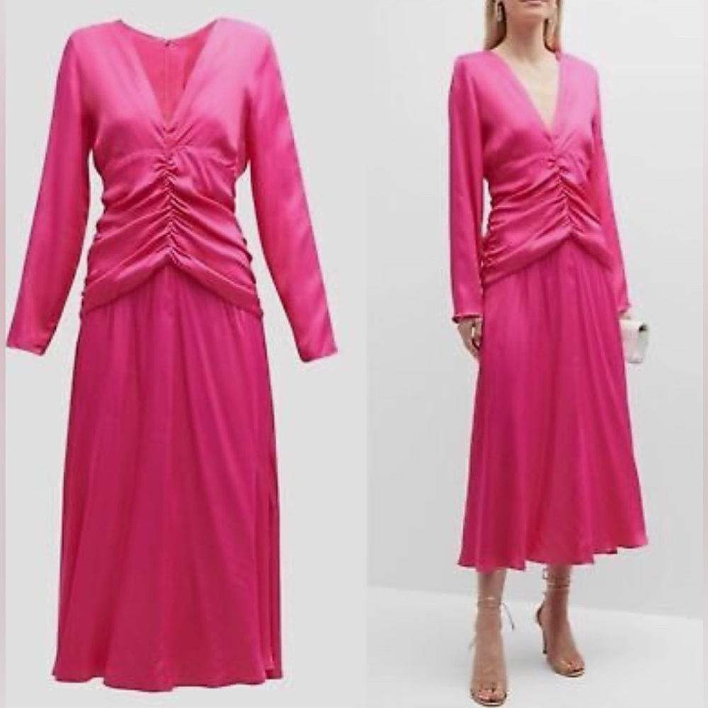 FARM RIO Long-Sleeve Ruched-Waist Midi Dress Pink Fuchsia NWT Large